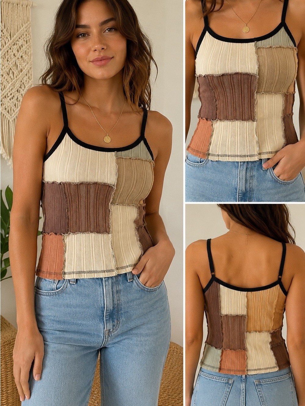 Yak & Yeti Patchwork Ribbed Tank Top | Boho Earth Tone Cami